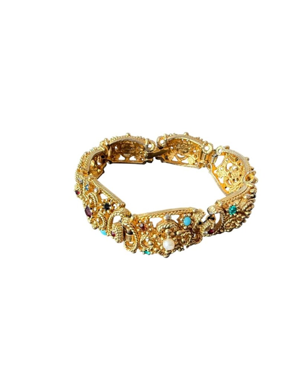 Vintage Gold-Tone Filigree Bracelet With Multicolor Gemstone Accents & Faux Pear